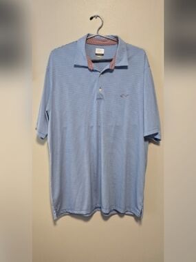 Greg Norman Collection Blue & White Fine-Striped Polo with Red-Accent Collar  XL